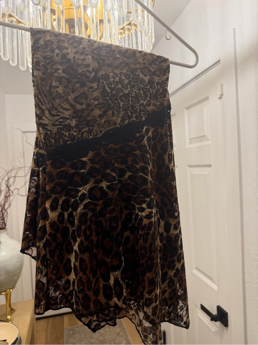 Mesh Leopard Print Midi Skirt with Lace Trim - Brown